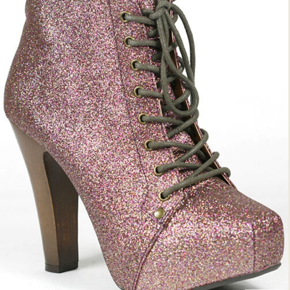 Qupid Puffin pink glitter lace up chunky heel